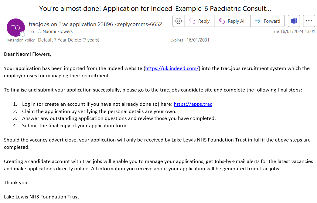 Email on next steps to complete stage 2 application process