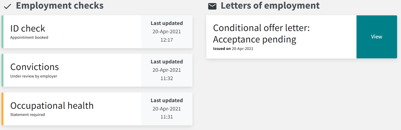 Image 19: Application summary, Employment checks & Letters of employment, desktop browser